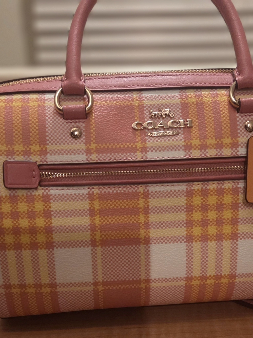 Coach Pink and Yellow Plaid Leather Trim Satchel